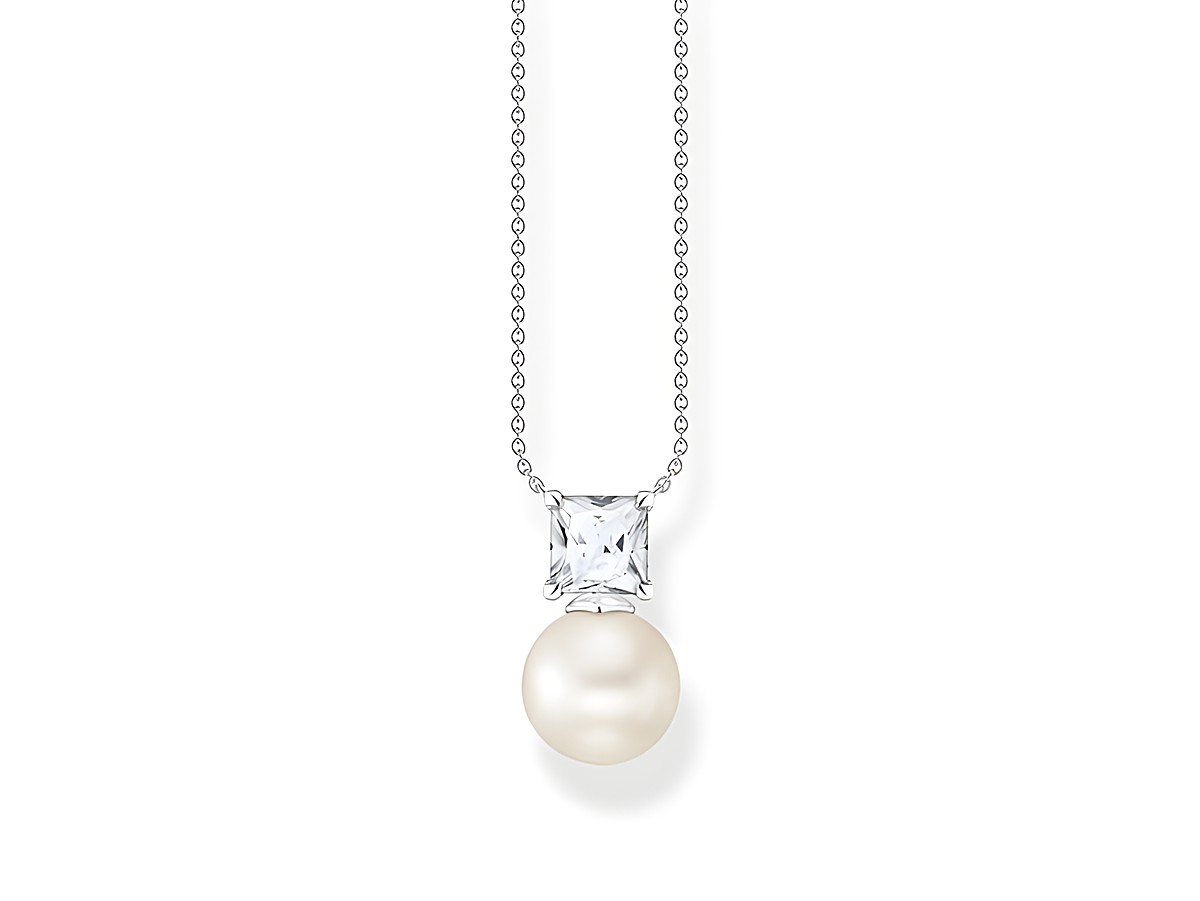 Kette aus Sterling Silber mit einer Süßwasserzuchtperle und einem Zirkonia-Anhänger, Teil der Perlendream-Kollektion von Thomas Sabo, 45 cm lang.
