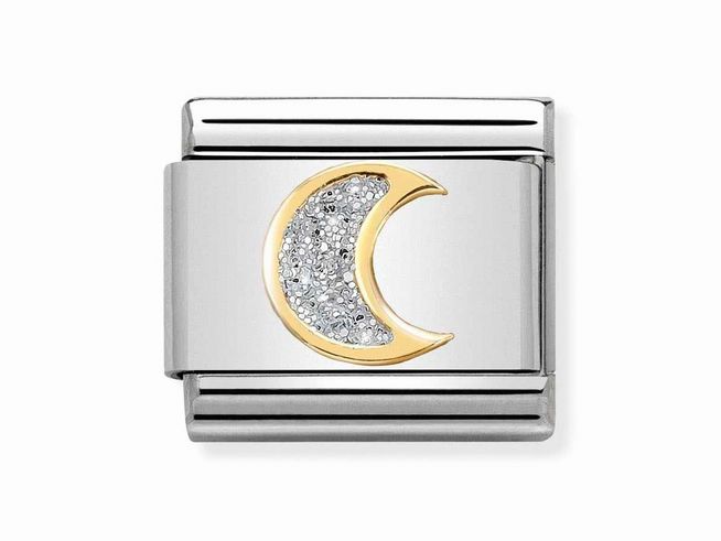Emailliertes Armband mit einer silbernen Grundstruktur, verziert mit einem goldenen Halbmond und glitzernden Elementen in der Mitte. Hersteller ist Nomination, Modell Classic 030220 05.