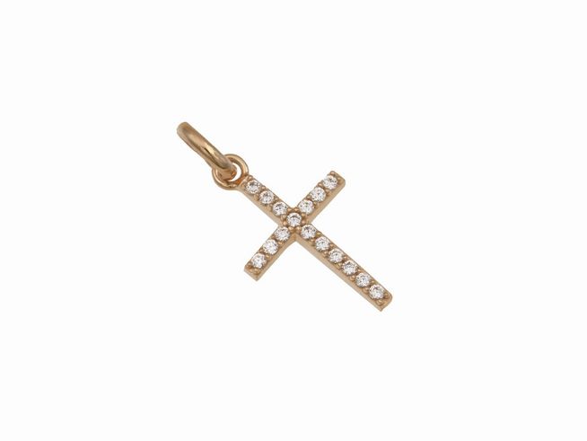 Ein bezaubernder Anhänger in Form eines Kreuzes aus Sterling Silber, roségold vergoldet, besetzt mit funkelndem Zirkonia, hergestellt von Juwelier Harnisch.