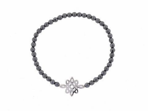 Silber Armband mit Blüte aus rhodiniertem Material, Hämatit in anthrazit, Gummizug, Länge 18 cm, Hersteller Juwelier Harnisch, verziert mit einem Stein.