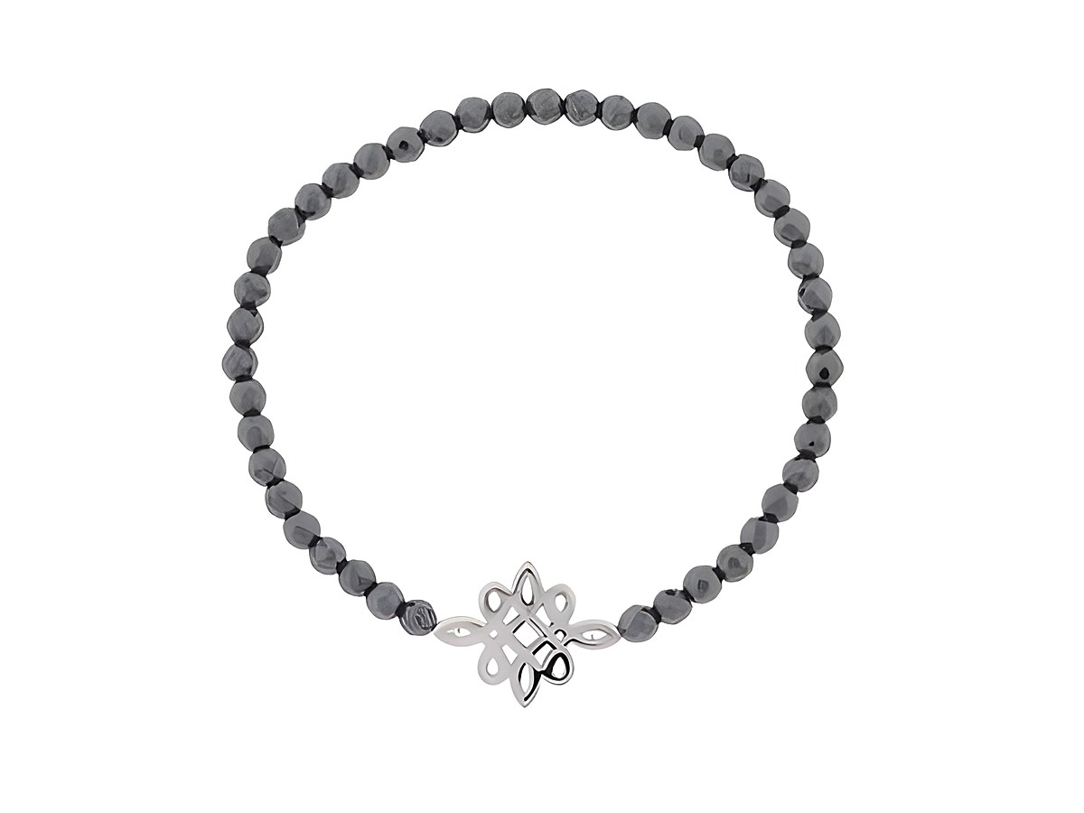 Silber Armband mit Blüte aus rhodiniertem Material, Hämatit in anthrazit, Gummizug, Länge 18 cm, Hersteller Juwelier Harnisch, verziert mit einem Stein.