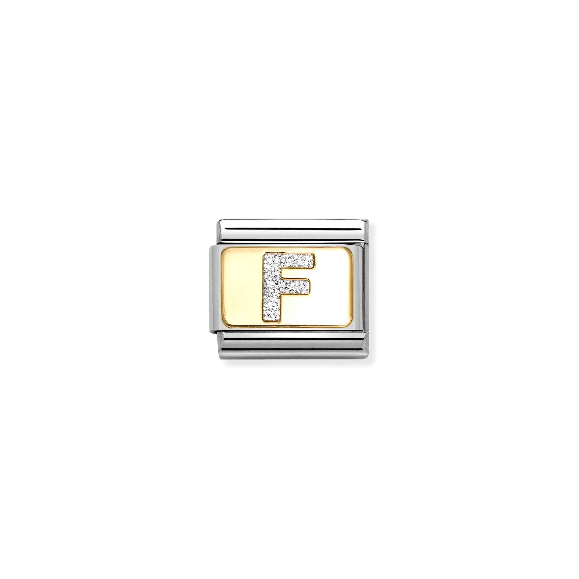 Nomination Composable Classic Charm Buchstabe F Silberglitzer - Edelstahl, Gold 750, Emaille