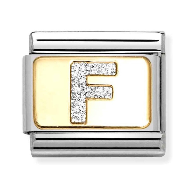 Nomination Composable Classic Charm Buchstabe F Silberglitzer - Edelstahl, Gold 750, Emaille