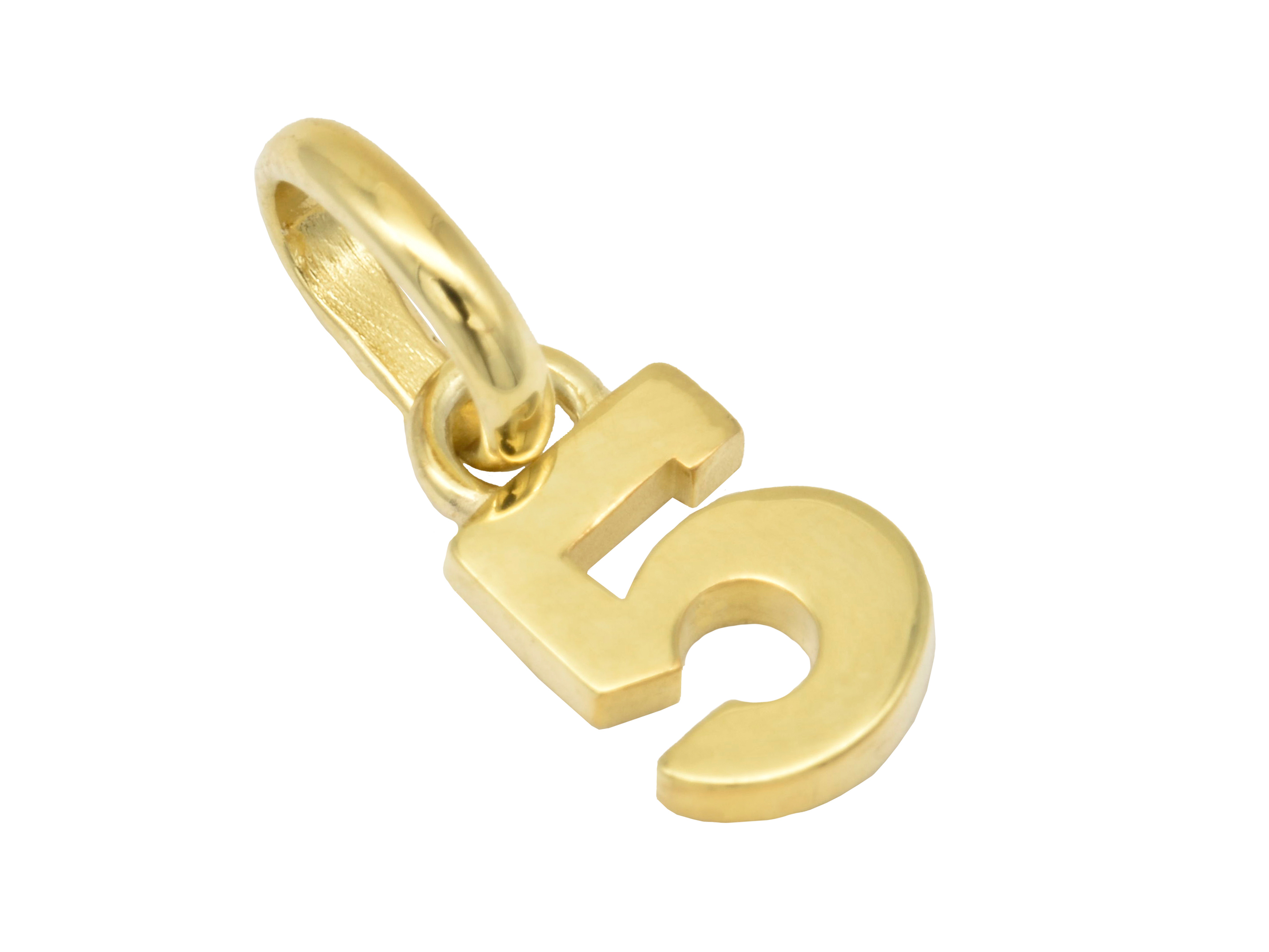 Silber Anhänger Zahl 5 aus Sterling Silber, gelbgold vergoldet und poliert, symbolisiert die Glückszahl und wird von Juwelier Harnisch angeboten.