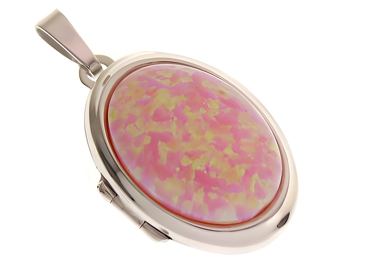 Ein elegantes Opal rosa Medaillon in Cabochon-Form, eingefasst in hochwertigem 585er Weißgold, gefertigt vom Juwelier Harnisch, ideal für stilvolle Anlässe.