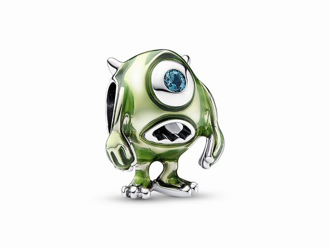 Charm von Disney Pixar Mike Glotzkowski aus Sterling Silber mit grüner Emaille, funkelndem Kristallauge und niedlichem Monsterdesign, ideal für eine individuelle Schmuckkollektion.
