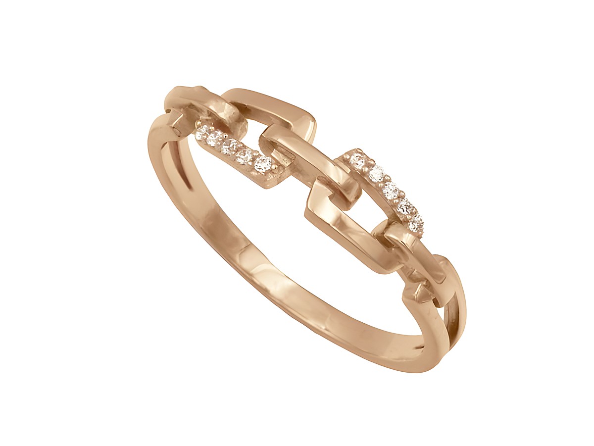 Funkelnder Ring aus Sterling Silber mit Roségold Vergoldung, Größe 60, geschmückt mit Gliedern und strahlenden Steinen, hergestellt von Juwelier Harnisch.