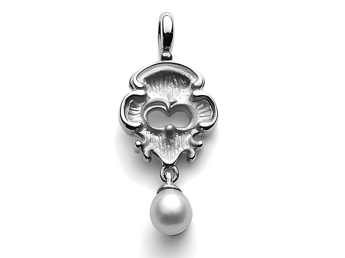 Der Anhänger aus Sterling Silber zeigt ein elegantes Design mit einem stilisierten Motiv und einer hängenden Perle, hergestellt von Alraune, passend für einen luxuriösen Look.