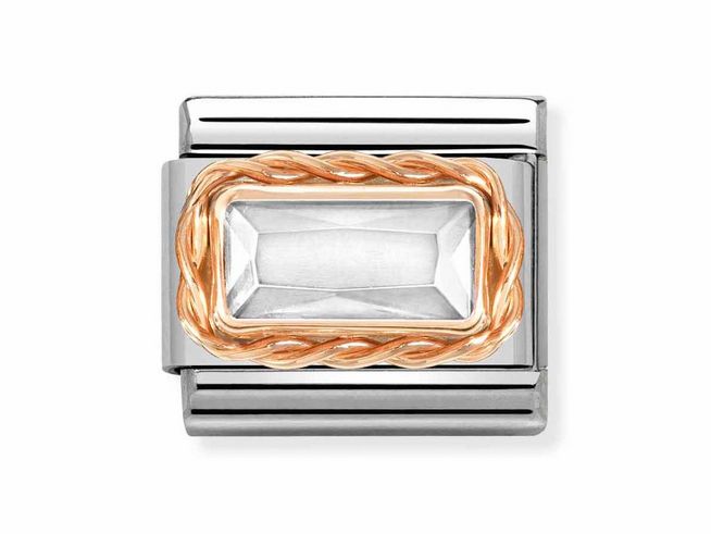 Elegantes Armbandglied aus Edelstahl mit Roségoldauflage und weißem Zirkonia, klassisches Design mit einer klaren, rechteckigen Steinfassung, perfekt für stilvolle Akzente.