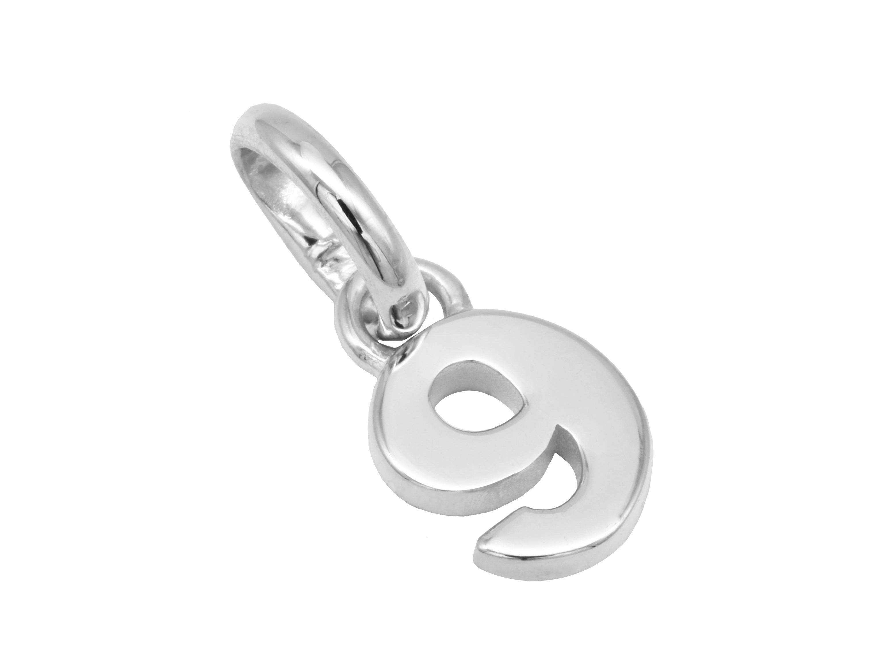 Silber Anhänger Zahl 9 aus Sterling Silber, rhodiniert und poliert, symbolisiert Glückszahlen, hergestellt von Juwelier Harnisch, modernes Design für stilvolle Accessoires.