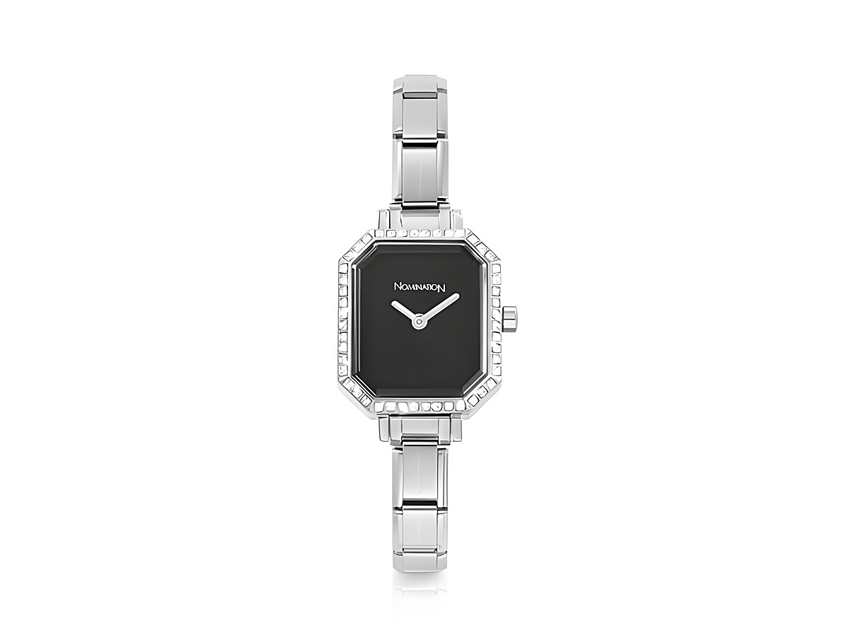 Elegante Armbanduhr von Nomination aus Edelstahl mit schwarzem Zifferblatt und Zirkonia-Besatz, Modell Time Collection, ideal für anspruchsvolle Anlässe.