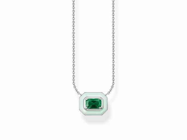 Kette von Thomas Sabo aus Silber mit einem grünen Oktagon Stein aus Glas-Keramik, umgeben von heller Emaille, verstellbar von 40 bis 45 cm.