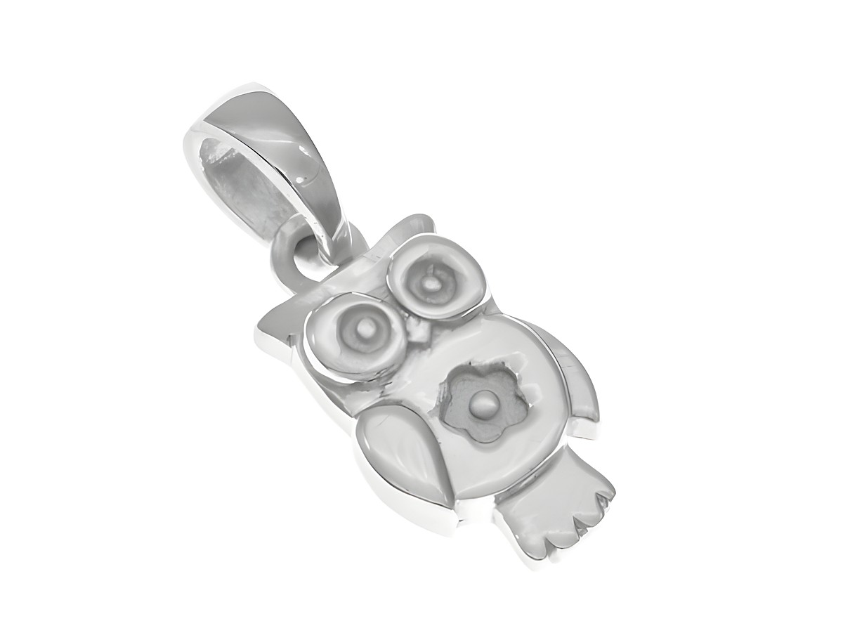 Eule Anhänger aus Silber rhodiniert, stilisiert mit großen Augen und einer Blume auf der Brust, passend für Tierliebhaber und Schmuckenthusiasten, Hersteller Juwelier Harnisch.