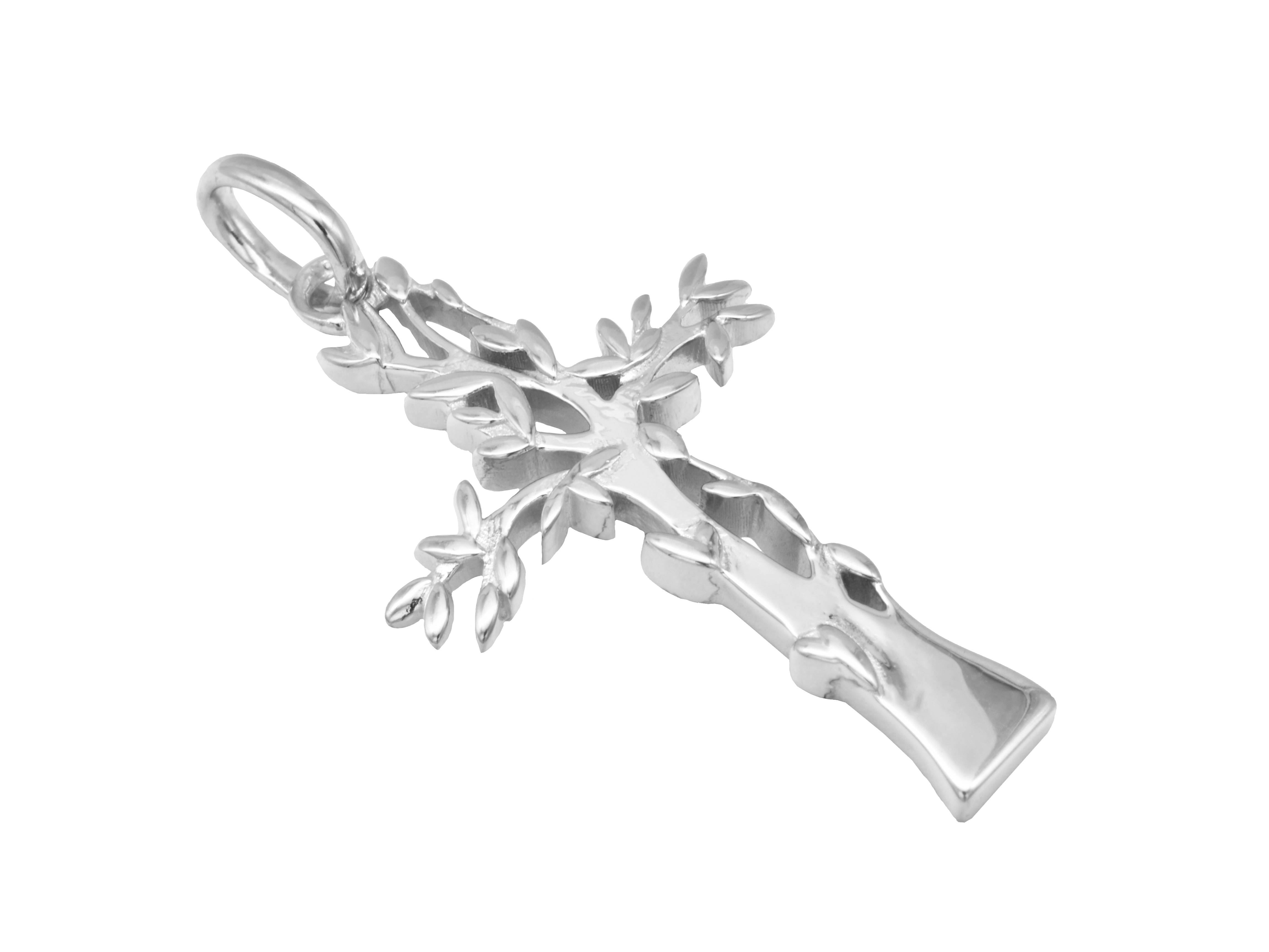 Kreuz Anhänger Lebendsbaum aus rhodiniertem Sterling Silber, poliert, mit detailliertem Muster und ansprechendem Design, geeignet für persönliche und festliche Anlässe.