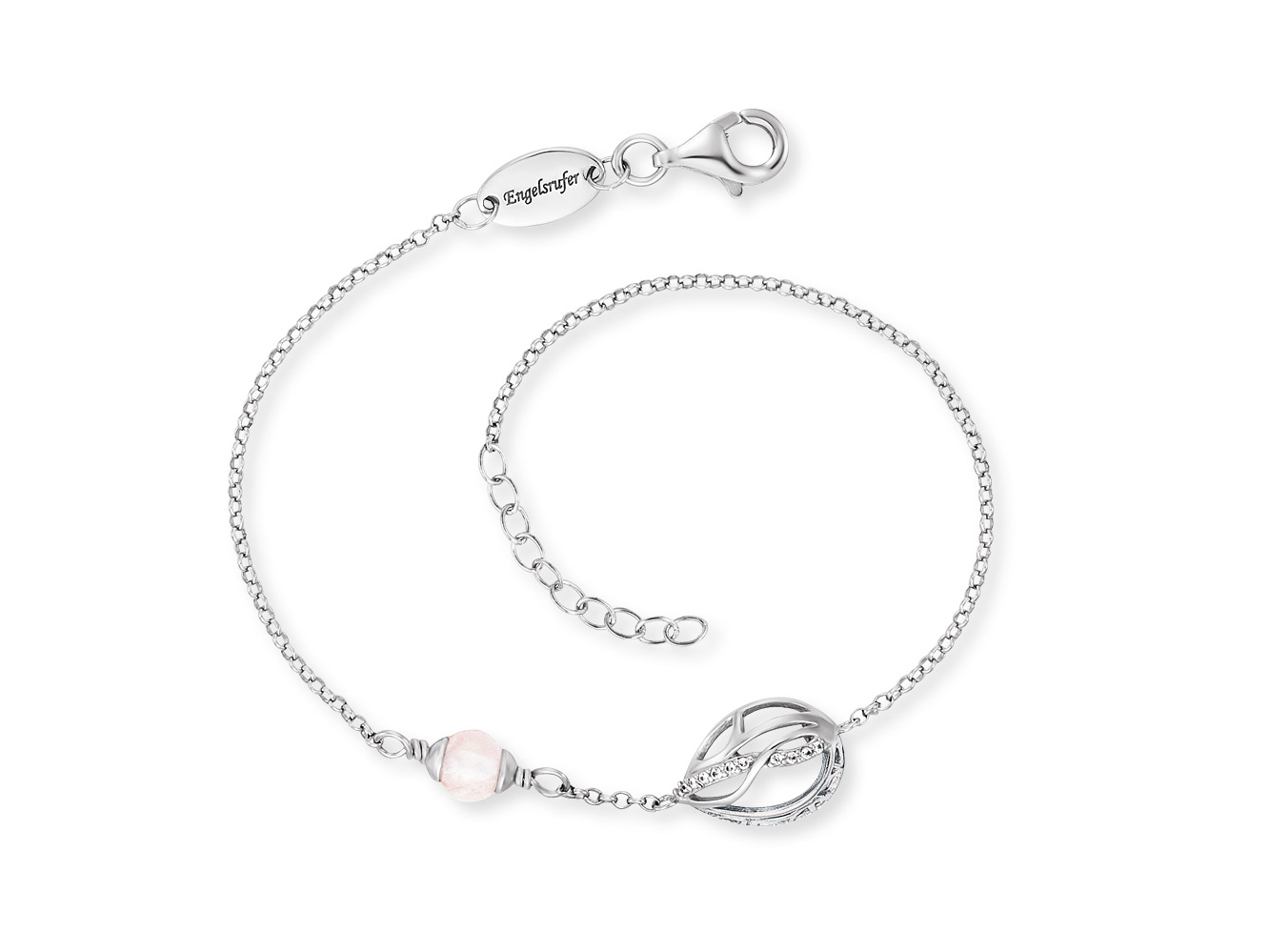 Silbernes Armband aus rhodiniertem Metall von Engelsrufer, mit Zirkonia besetztem Anhänger in Form einer Lebensblume und einem zarten rosa Stein, Gesamtmaß 17 cm.