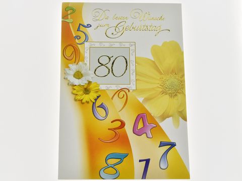 Eine Geburtstagskarte mit bunten Zahlen und gelben Blumen. In der Mitte steht die Zahl 80. Diese Karte stammt von dem Hersteller Juwelier Harnisch und ist für Geburtstagswünsche geeignet.