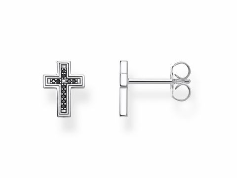 Silberne Thomas Sabo Ohrstecker H2112-643-11 in Kreuzform mit schwarzem Schmucksteinbesatz, elegantes Design, perfekt für jeden Anlass.