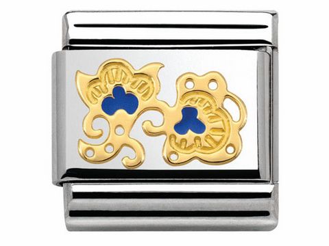 Edelstahl Armreif mit goldenen und blauen Emaille-Elementen in floralem Design von Nomination, Modell PIZZO + CASHMERE. Ideal für stilvolle Akzente.