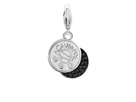 Charm von Ti Sento aus Silber in Form einer Kaviar-Münze mit funkelnden Steinen und schwarzem Detail, ideal zum Veredeln von Schmuckstücken, elegant und modern.