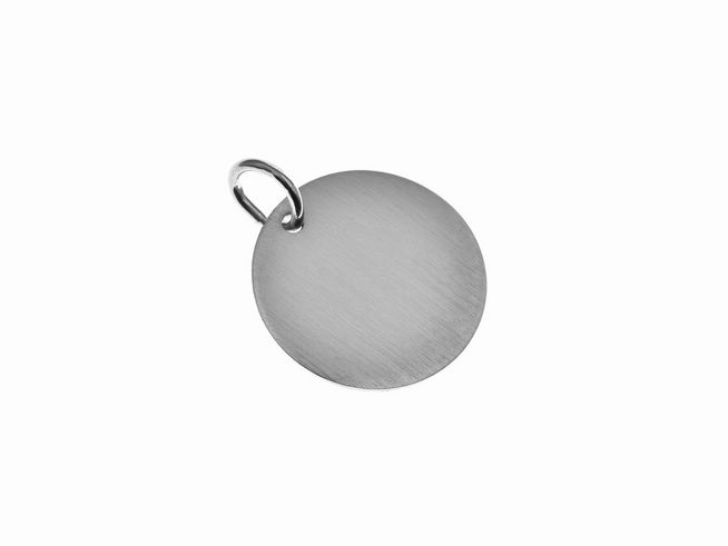 Runde Gravurplatte aus mattiertem Sterling Silber mit einem Durchmesser von 1,4 cm und einem praktischen Anhänger, ideal für individuelle Personalisierungen. Hersteller Juwelier Harnisch.