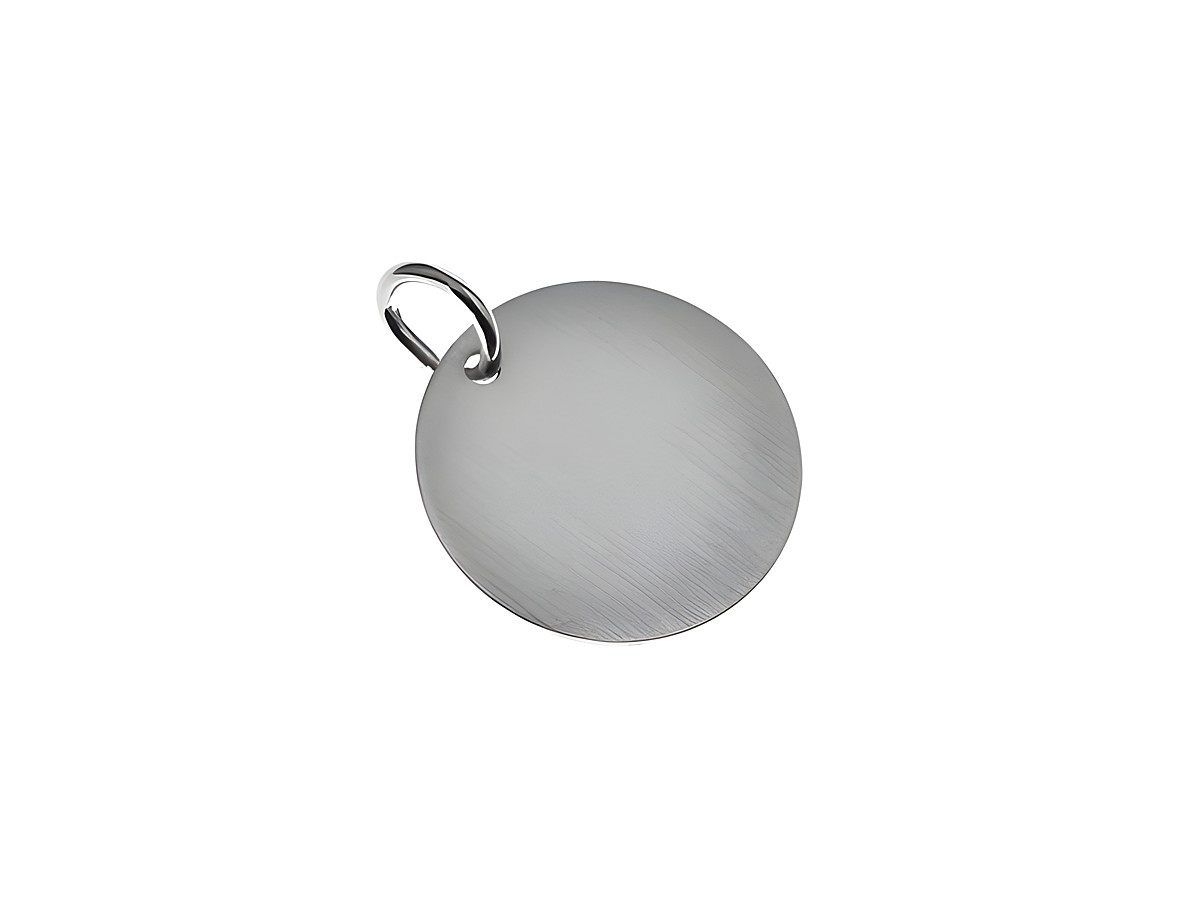 Runde Gravurplatte aus mattiertem Sterling Silber mit einem Durchmesser von 1,4 cm und einem praktischen Anhänger, ideal für individuelle Personalisierungen. Hersteller Juwelier Harnisch.