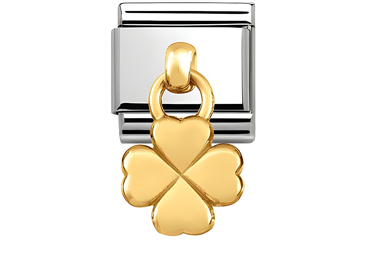Edelstahlanhänger mit einem goldenen Kleeblatt aus Gold 750, passend für Nomination CLASSIC CHARMS von der Marke Nomination. Stilvolles und zeitloses Design.