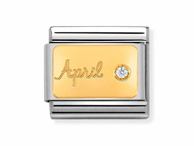 Charm von Nomination Classic Gold, Edelstahl und Gold 585, Monatsstein April mit Diamant, goldene Plakette mit eingraviertem April und funkelndem Diamanten.