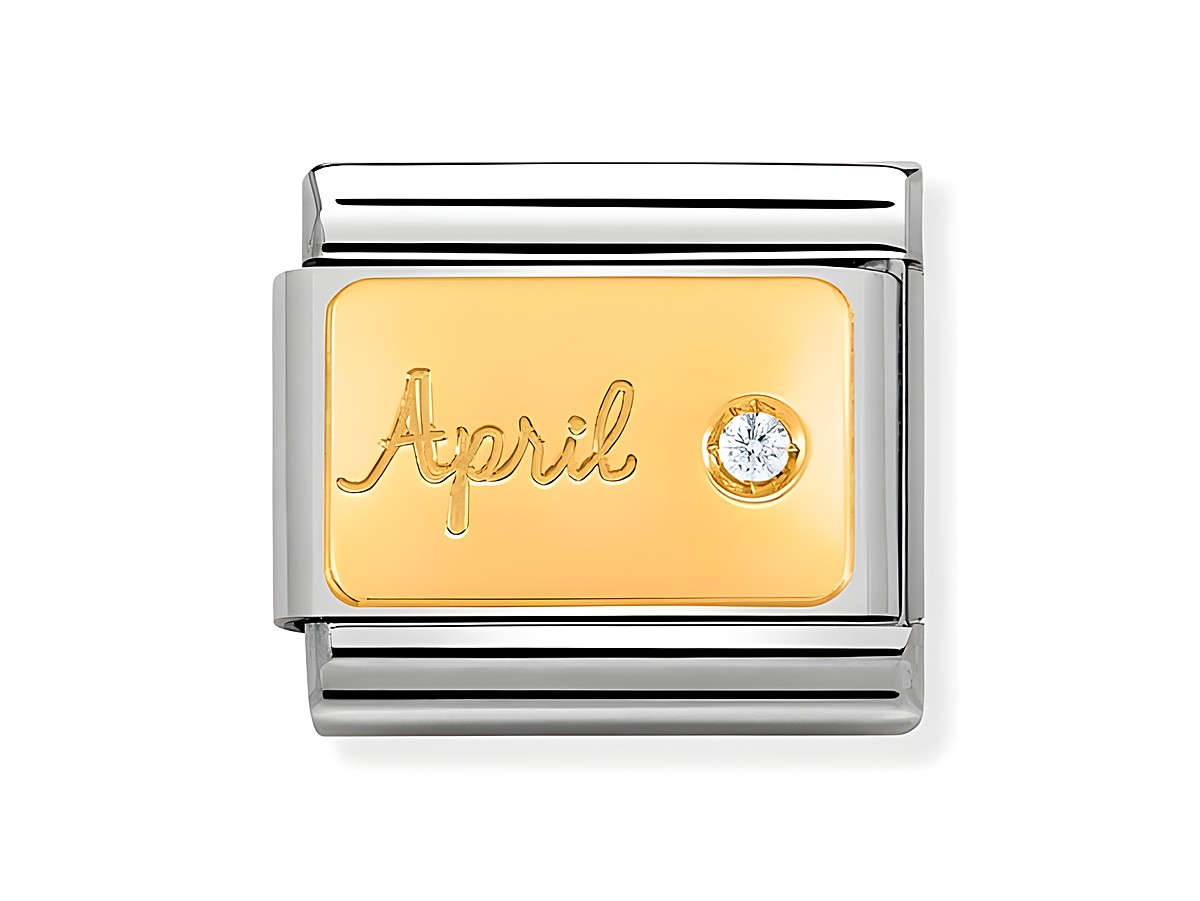 Charm von Nomination Classic Gold, Edelstahl und Gold 585, Monatsstein April mit Diamant, goldene Plakette mit eingraviertem April und funkelndem Diamanten.