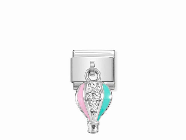 Heissluftballon aus Silber mit Zirkonia und Emaille in Weiß, rosa und mintgrün, charmantes Design für Nomination Classic. Ideal für persönlichen Schmuck.