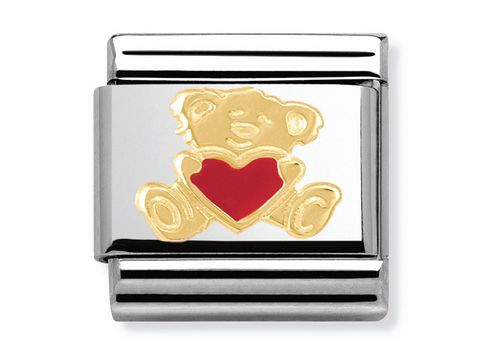 Ein eleganter Nomination Classic Teddybär mit Herz, gefertigt aus Edelstahl und verziert mit goldfarbener und roter Emaille, ideal für die Elegance Collection.