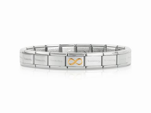 Ein elegantes Armband aus Edelstahl mit goldener Unendlichkeitsschleife und Nomination-Elementen, ideal für stilvolle Akzente und vielseitige Kombinationen.