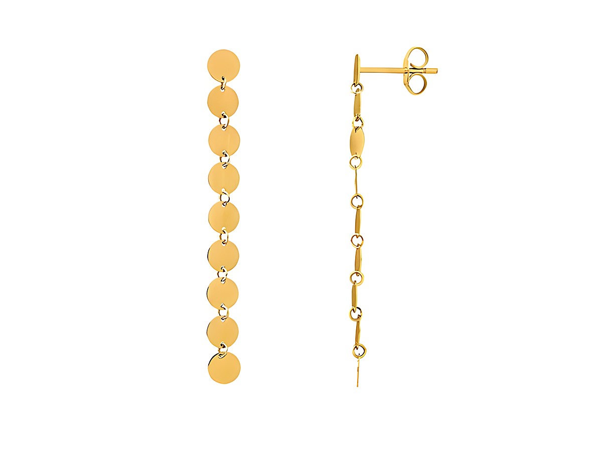 Gelbgoldene Ohrhänger von Xenox aus Echtgold 585, poliert, mit einer länglichen Form und kreisförmigen Elementen, elegant und modern gestaltet, ideal für jeden Anlass.