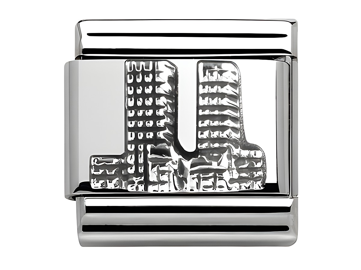 Eine silberne Charm mit einer reliefartigen Darstellung der World Trade Center Türme, Teil der Nomination Classic Kollektion, geeignet als Schmuckstück zum Erinnern an Monumente.