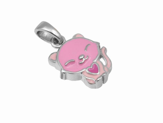Anhänger Katze aus 925 Sterling Silber, poliert und rhodiniert, in pink mit Herz, ideal für Kinder, von Juwelier Harnisch.