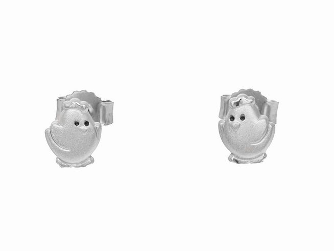 Ohrstecker in Form von Küken aus teilmattiertem rhodiniertem Sterling Silber, ideal für Kinder, hergestellt vom Juwelier Harnisch.