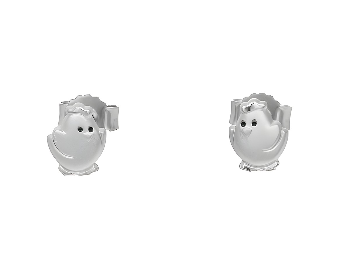 Ohrstecker in Form von Küken aus teilmattiertem rhodiniertem Sterling Silber, ideal für Kinder, hergestellt vom Juwelier Harnisch.