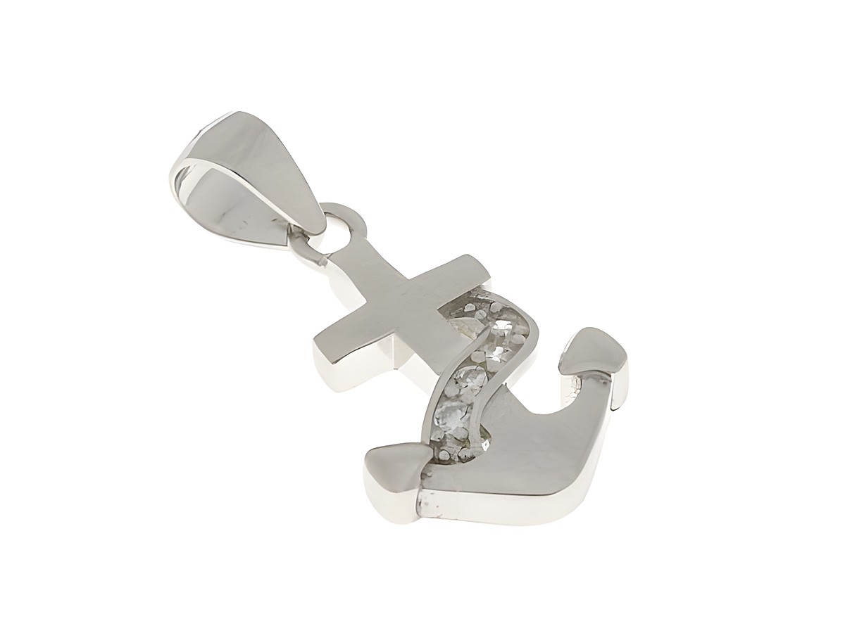 Ein silberner rhodinierter Anhänger in Form eines Ankerns, verziert mit Zirkonia, ideal für maritime und seefahrtsbegeisterte Personen, hergestellt von Juwelier Harnisch.