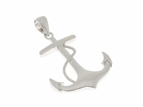 Anhänger in Form eines Ankers mit Seil, aus Silber rhodiniert, maritim inspiriert, ideal für Liebhaber der Seefahrt, Hersteller Juwelier Harnisch, zeitloses Design.