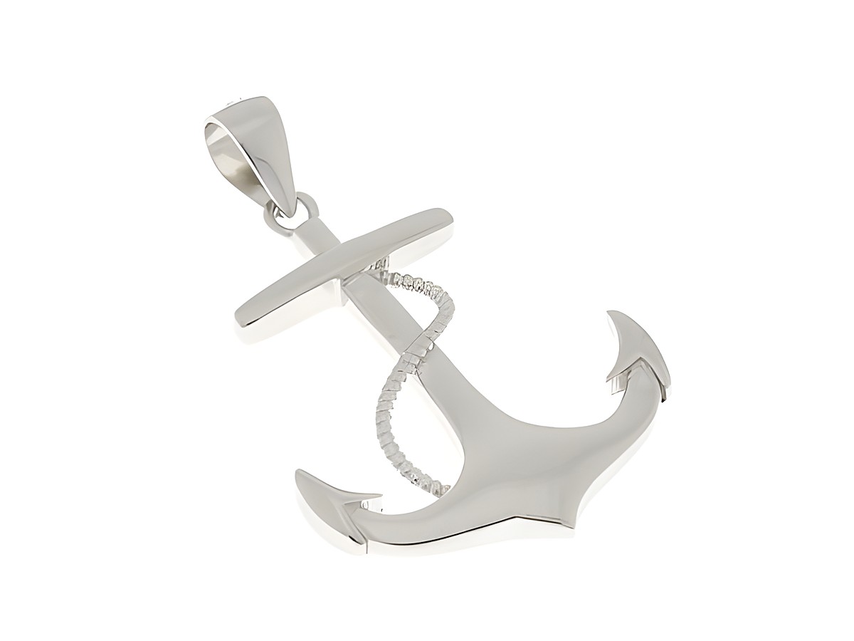 Anhänger in Form eines Ankers mit Seil, aus Silber rhodiniert, maritim inspiriert, ideal für Liebhaber der Seefahrt, Hersteller Juwelier Harnisch, zeitloses Design.