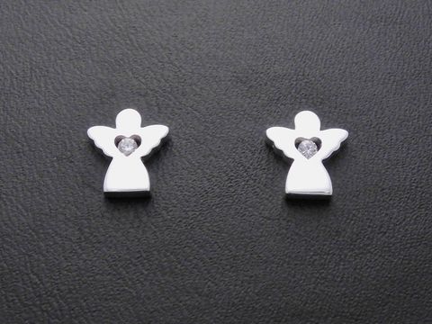 Silber Ohrstecker in Form von Engeln mit Herz und einem weißen Zirkonia, niedlich gestaltet, ideal für Kinder, Hersteller Juwelier Harnisch.