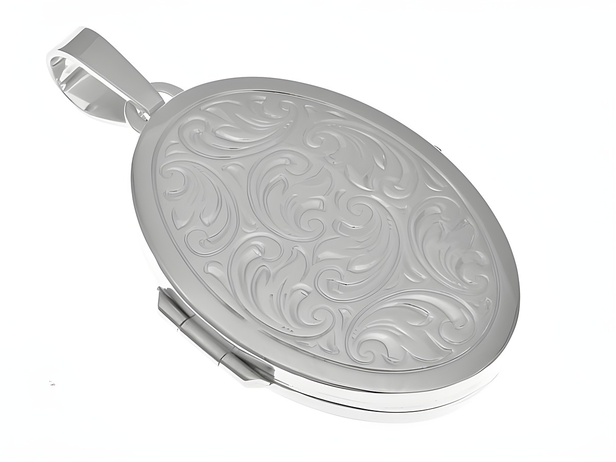 Medaillon in ovaler Form aus Sterling Silber mit reizendem Diamantschliff und eleganter Musterung, Hersteller Juwelier Harnisch, ideal für persönliche Erinnerungen.