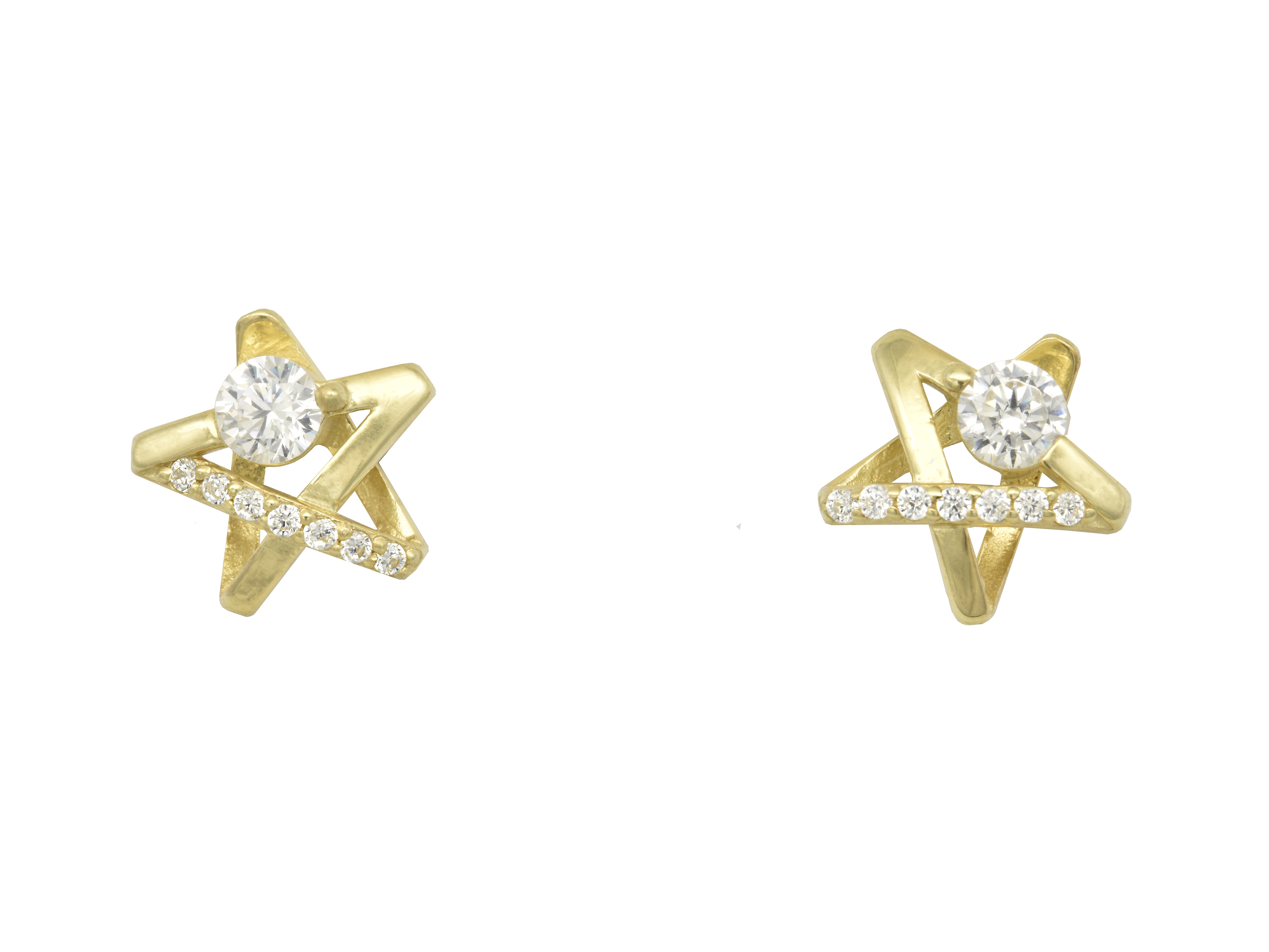 Silber Ohrringe Ohrstecker in Sternform aus Sterling Silber, vergoldet und poliert, mit Zirkonia besetzt, Hersteller Juwelier Harnisch, elegantes Design.