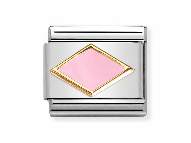 Edelstahl Element von Nomination mit einem rosa Emaille-Finish und einer goldenen Rauten-Umrandung, ideal für stylische Armbänder.