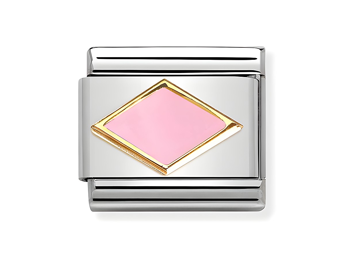 Edelstahl Element von Nomination mit einem rosa Emaille-Finish und einer goldenen Rauten-Umrandung, ideal für stylische Armbänder.