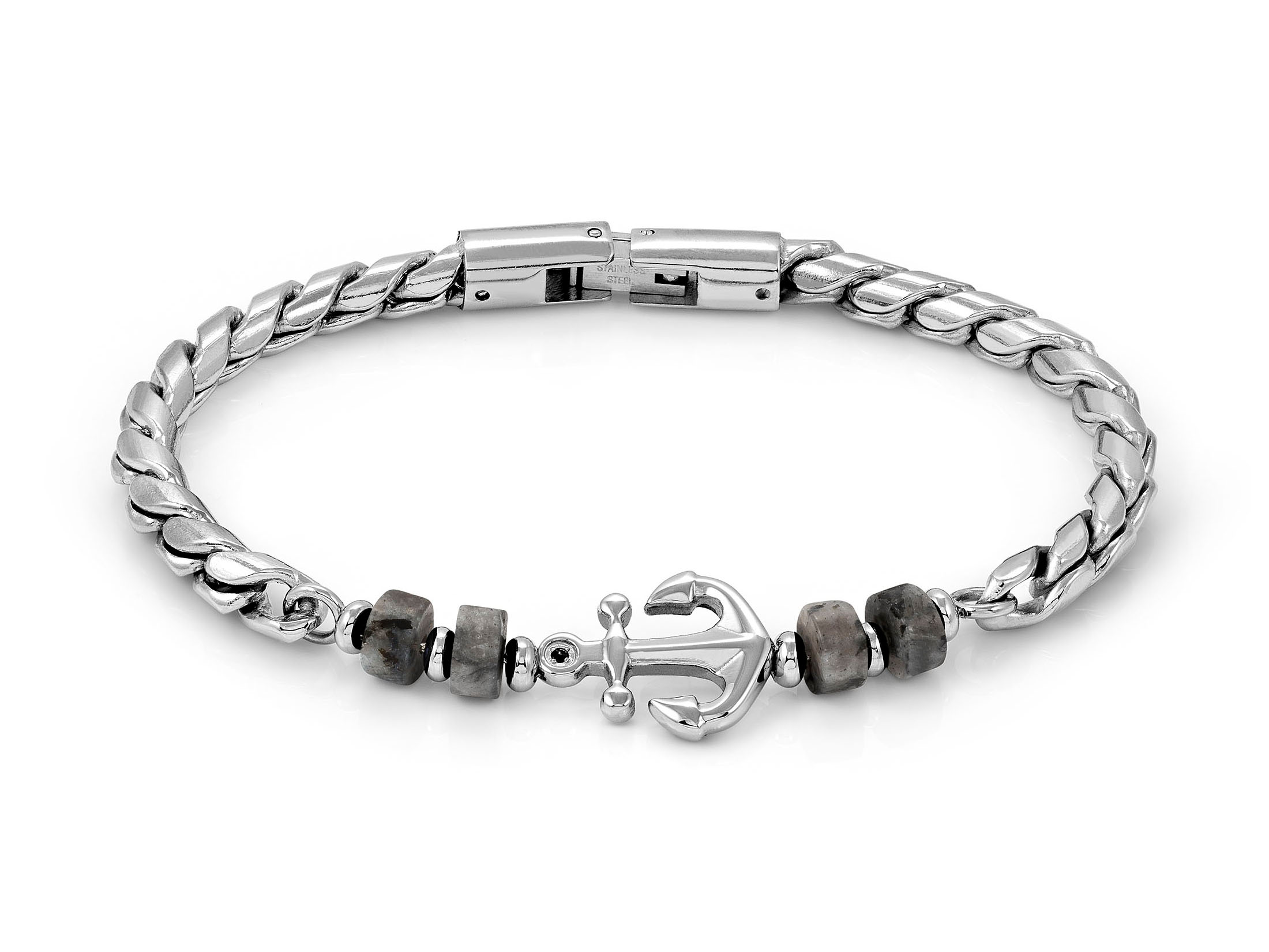 Armband aus Edelstahl mit einem geflochtenen Design, verziert mit einem Anker und grauem Jaspis, erhältlich in einer Länge von 19 bis 23 cm, Hersteller ist Nomination.