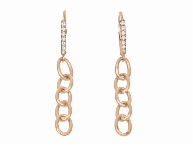 Ohrhänger aus vergoldetem Roségold, poliert, mit weißen Zirkonia-Steinen, gefertigt von Juwelier Harnisch, elegante Kette mit glitzernden Elementen.