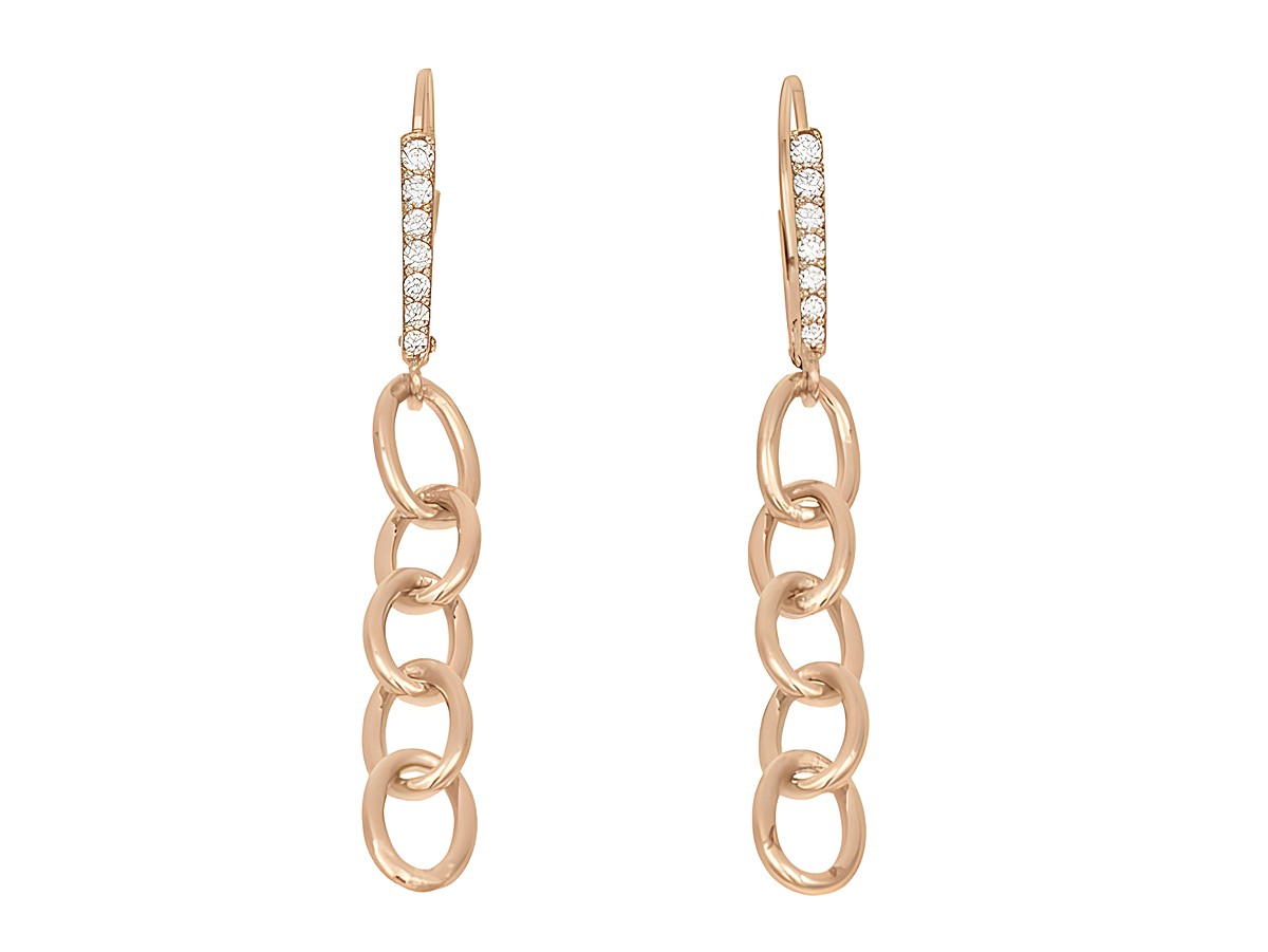 Ohrhänger aus vergoldetem Roségold, poliert, mit weißen Zirkonia-Steinen, gefertigt von Juwelier Harnisch, elegante Kette mit glitzernden Elementen.