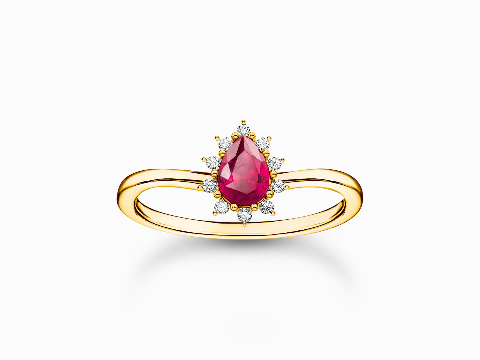 Thomas Sabo True Romance Ring in Silber mit 750er Vergoldung, rot gefasster Lab Grown Saphir, umgeben von funkelnden Zirkonia, Ringgröße 48, elegantes und romantisches Design.