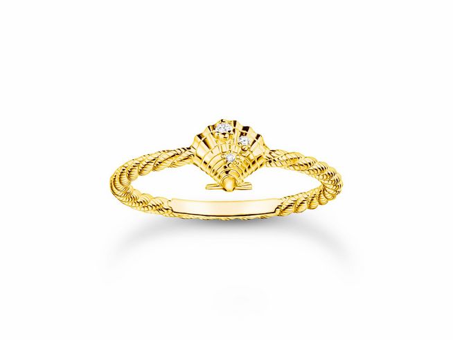 Ring aus vergoldetem Sterling Silber mit Muschel-Motiv und Zirkonia, Größe 56, von Thomas Sabo, dekorativ mit geflochtenem Band und elegantem Design.