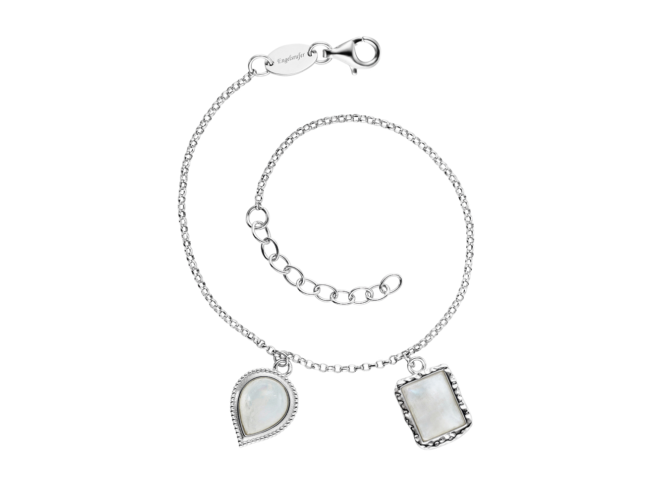 Engelsrufer ERB-PURE-MO PURE Armband in Silber rhodiniert mit zwei Anhängern aus Mondstein, einer tropfenförmig und einer rechteckig, Länge 17 cm.